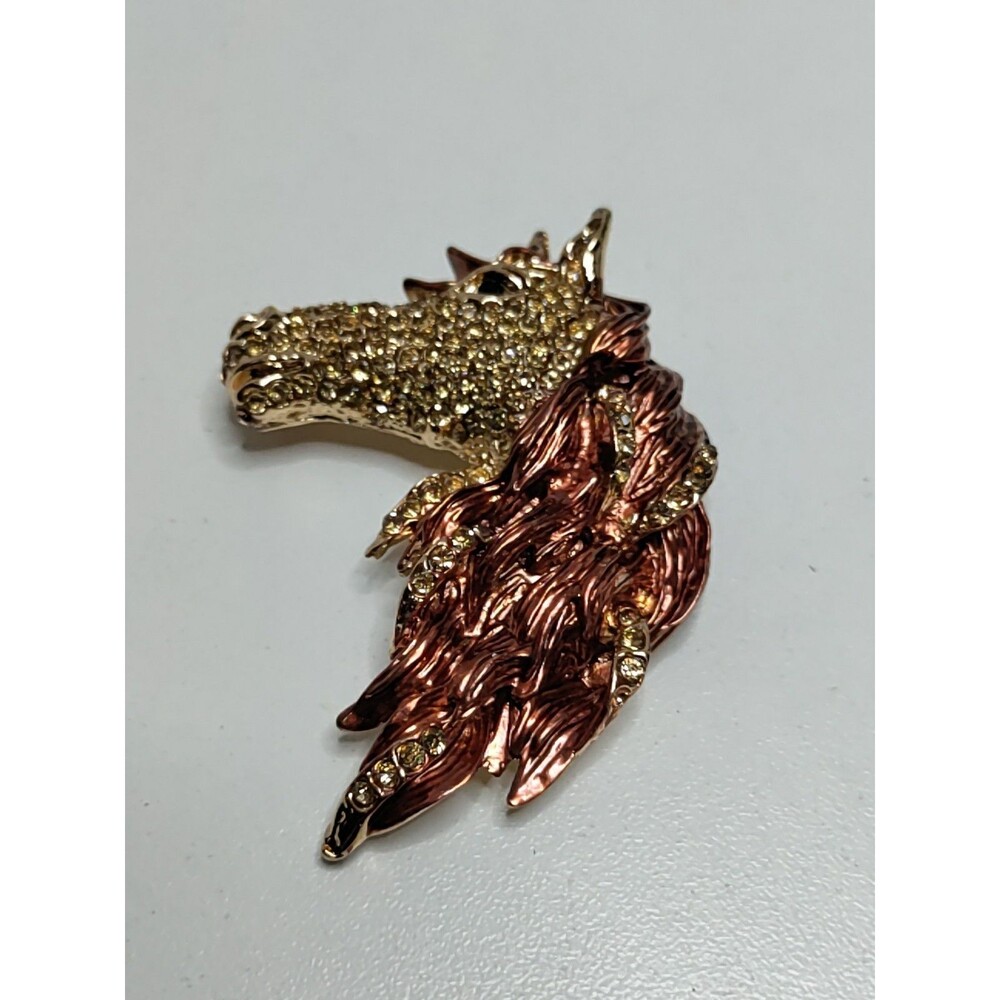 Brown & Gold Tone Rhinestone & Enamel Horse Head Brooch 2.5" X 2"